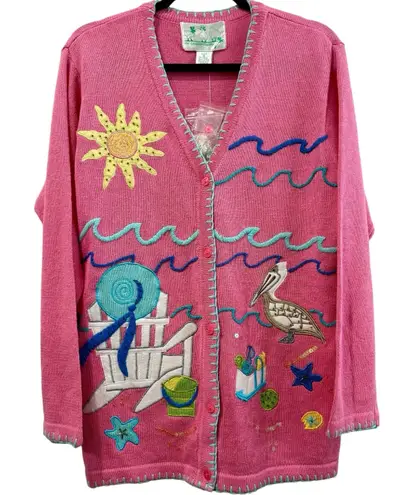 VTG Quacker Factory Cardigan Beach Coastal Whimsical Removable Buttons Sweater Pink Size M