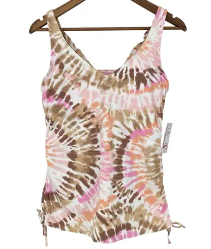 NEW LANDS END Tie Dye Cinch Waist V Neck Tankini Swim Top Size 14 Watercolor Pink