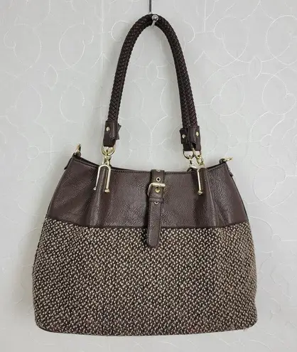 Black Rivet Womens Shoulder Bag Brown Leather Tweed Purse Buckle Strap Handbag