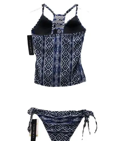 La Blanca Womens Tankini Set Blue White Patterned Padded California Cut Sz 4