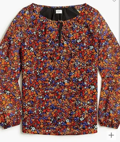 J. Crew Floral Crinkle Peasant Blouse XS Fall Boho Chic Long Sleeve Cottagecore Black