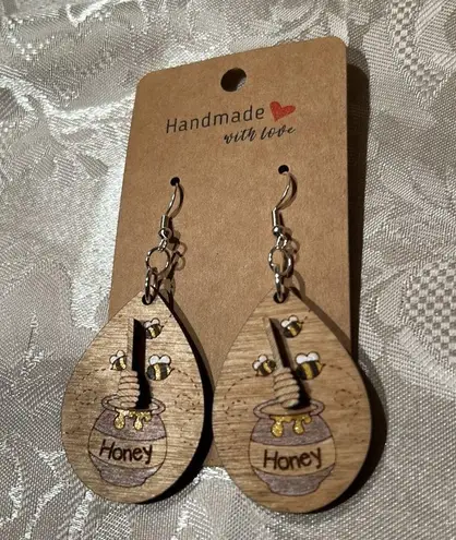Handmade NWT Pot of Honey BumbleBee Wooden Painted Earrings