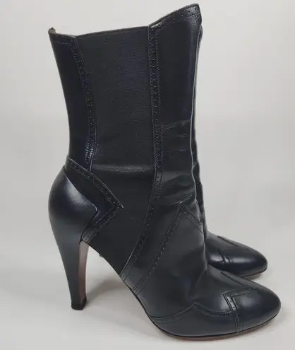 Alaïa Black High Rise Ankle Boots Perforated Trim Leather Size 38.5 Boho Cowboy