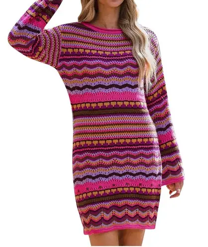 Free The Roses NWT  Crochet Knit Multi Colored Dress In Fuchsia Multi