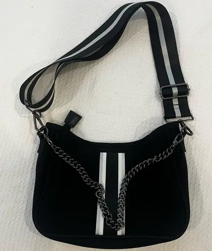 Haute Shore Black & White Stripe Neoprene Shoulder Bag Crossbody Chain Detail