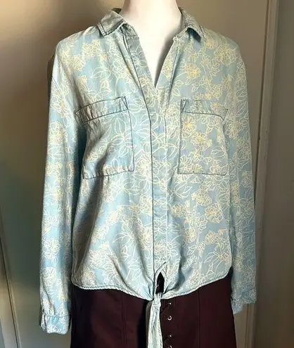 Velvet Heart Chambray Floral Print Button Down Tie Front Roll Cuff Shirt