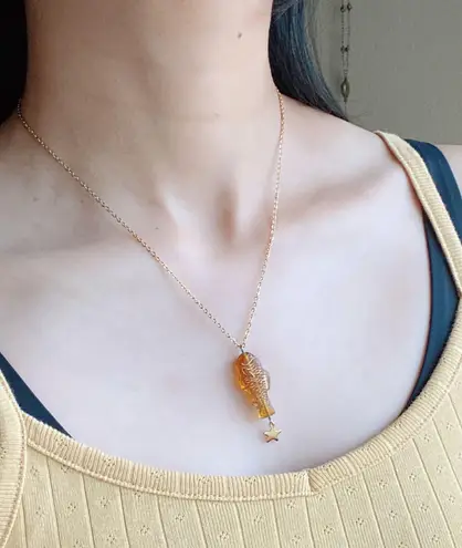 Handmade quality Czech glass amber fish & star boho funky fairy necklace🌀🐟💚
