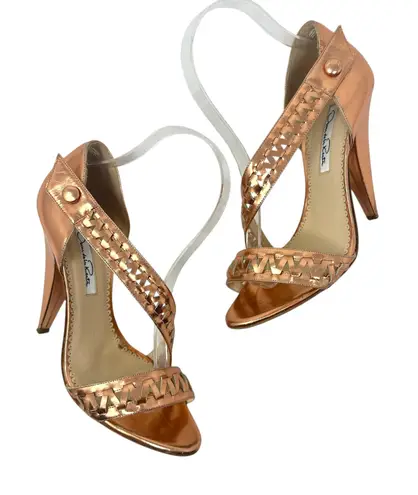 Oscar de la Renta High Heel Sandals Leather Braided Metallic Rose Gold 37 US 7
