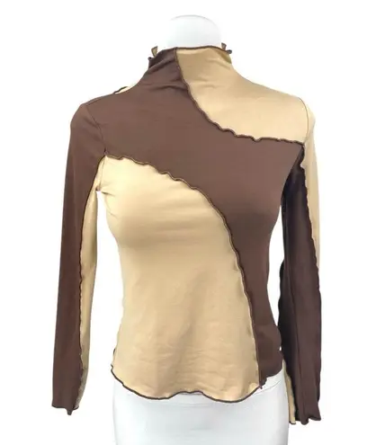 Commense Women's Cream Brown Colorblock Turtleneck Long Sleeve Sweater Top Sz M Size M
