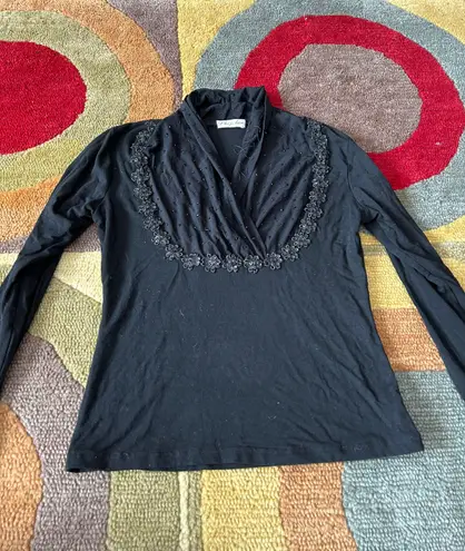 y2k 90’s style Vintage Retro Black Stretch Dressy Floral Sequin Long Sleeve Top