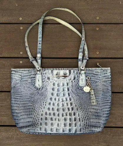 Brahmin Blue Medium Asher Tote Alligator Leather Bag Purse w/ Tassel Bag Charm