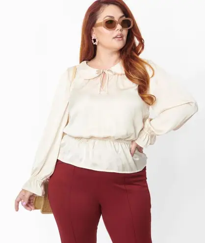 Unique Vintage NWT Champagne Satin Peplum Blouse SMALL