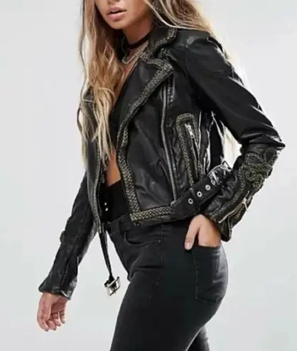 Free People  Black Bang Bang Vegan Leather Motorcycle Jacket Size S