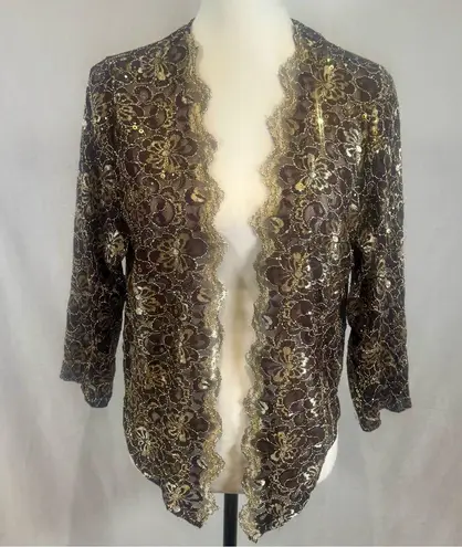 Candalite Brown and gold lace and sequin open front wrap top coverup size large NWOT