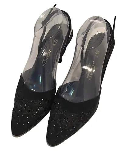 ST JOHN Black Lace Embellished Slingback Heels Made in Italy Size 7 1/2