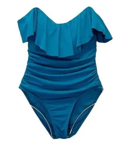 La Blanca Island Goddess Ruffle One Piece Swimsuit Caribbean Teal Blue Size 8