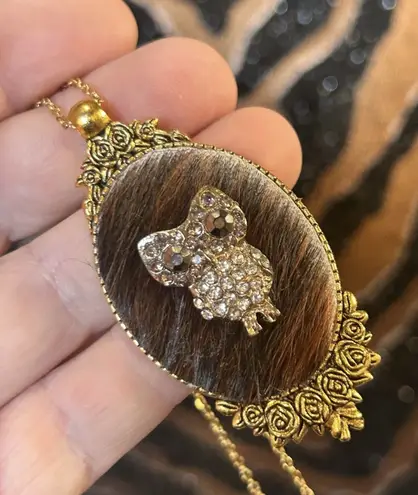 Handmade Handcrafted cowhide sparkle owl cameo pendant on chain necklace