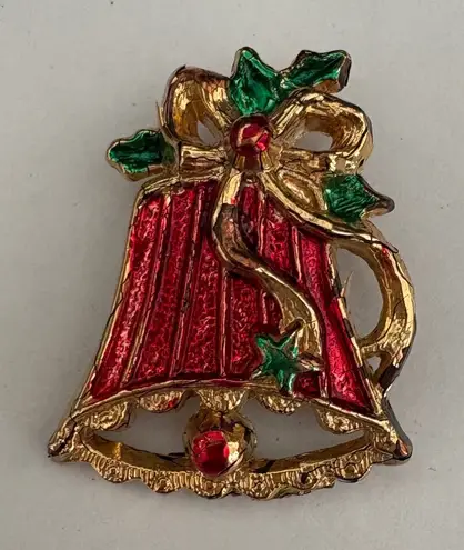 Vintage Christmas Bell Brooch Red Gold Enamel Holiday Pin Jewelry