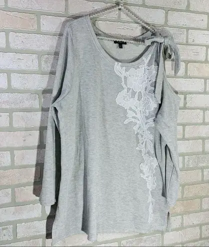 Lane Bryant  Lace Appliqué Light Gray Cold Shoulder Sweatshirt Size 22/24