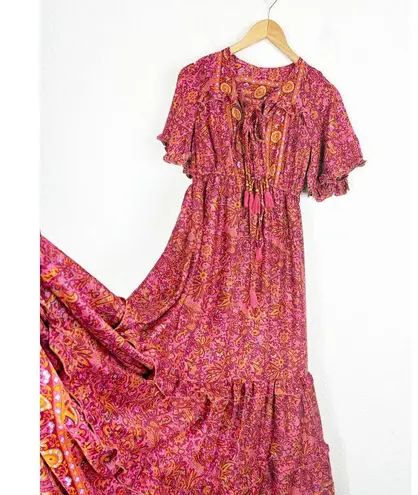Vintage Tiered Bohemian Red Paisley Maxi Dress Tassel Stretch Silk Blend OS Size M