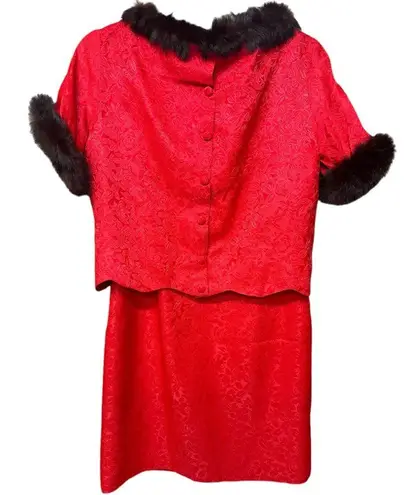 1960's Vintage Red Brocade Rabbit Fur Trim 2 Piece Women's Skirt & Jacket Size S