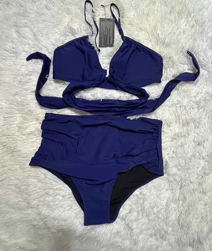 Women’s Bikini Set High Waist Crossover Wrap Two Piece Navy Blue Medium New