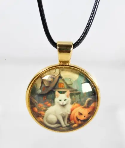 Handmade Autumn Enchantment – Gothic Cat Necklace Collection White Cat Pumpkin Patch Gold