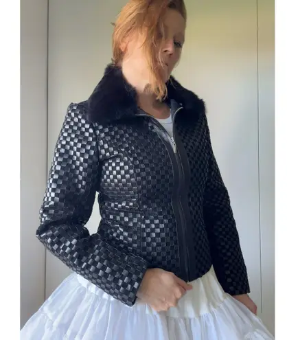 Vintage Y2K Cropped Leather Jacket Size Sm Black Woven Fur Collar Streetwear