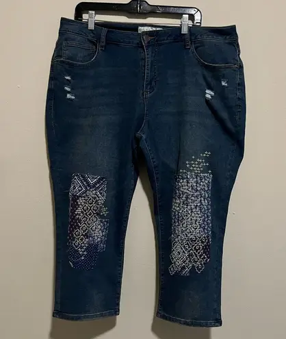 Cato  Est. 1946 Denim Distressed Hi Rise Cropped Jeans with patches & embroidery