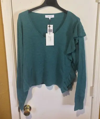 John + Jenn women's teal ruffle draped trim deep vneck nylon wool blend sweater