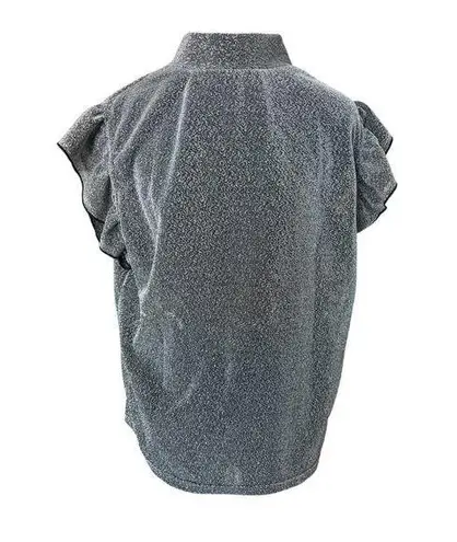 Silver Sheer Metallic Short Sleeve Blouse Size M/L Flounce Flutter 80s Disco Emo Size L