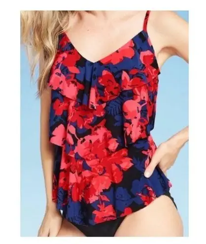Aqua Green Blue Pink & Red Floral Ruffle Padded Adjustable Strap Tankini Top Lg