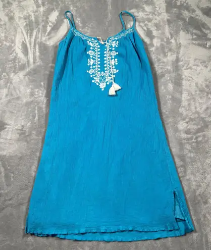 Pink Chicken Dress Womens Medium Blue Boho Hippie Gauzy Embroidered Flowy Tassel