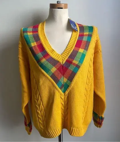 ep pro NWT Vintage 80s  Evan Picone Yellow Plaid Golf Sweater Medium V-Neck