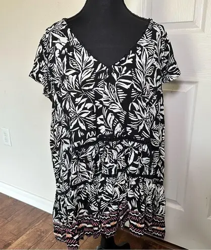 Bunulo Black and White Lace Trim Flutter Sleeve Ruffled Tank Top Size 2X