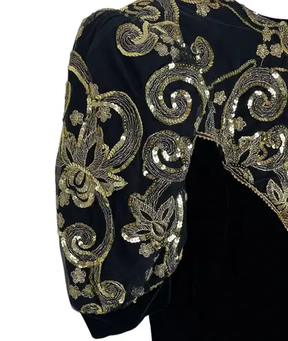 Jessica McClintock Vintage Black Velvet Gold Sequin Puffy Half Sleeves Dress