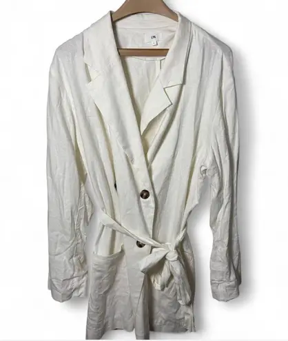 LPA Ivory Lightweight Belted Blazer Dress Jacket Size L Long Sleeve Linen Look