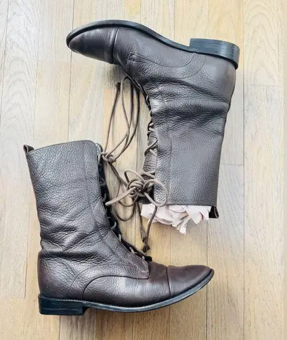 A SOLIANI MILANO Gothic Core Combat Brown Pebbled Leather Lace Up Boots SZ 36.5