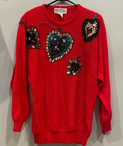 Red Sequin Heart Sweater vintage acrylic looks great Size M