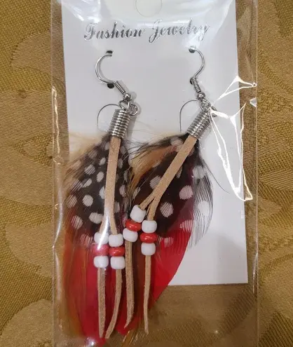 Feather With Beaded Faux Leather Hook Earrings Red
