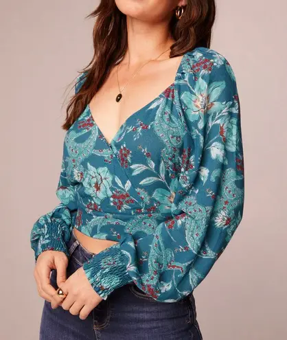 Band Of The Free New Floral Faux Wrap Long Sleeve Crop Top Deep Teal Size Small