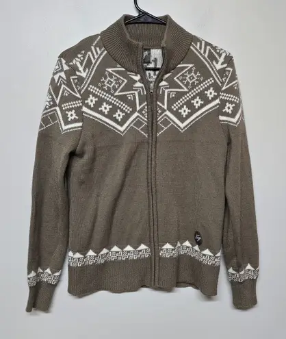 Norge Nordic Wool Blend Sweater Women's M Zip Cardigan Fair Isle Brown White Size M