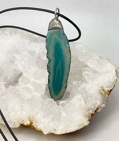 Brazilian Agate Slice Geode Pendant & Black Faux Leather Cord. Handmade