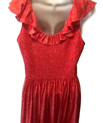 HATCH Briana Coral Midi Maternity Dress Sz 1/S Silk Blend Floral Printed Ruffles Pink