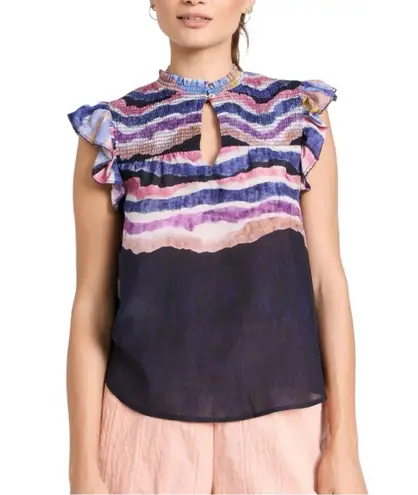 Chufy Northern Lights Kaia Navy Watercolor Top size Small Ruffle Tie Dye Stripes Blue