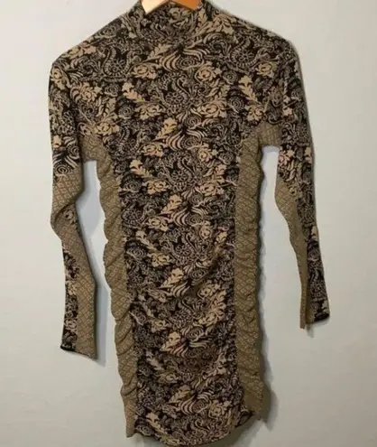 ZARA  Jacquard Draped Dress Long Sleeve Mini Size Small NWT Brown Knit High Neck