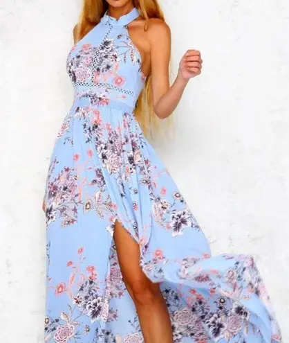 Light Blue Floral High Neck Open Back Maxi Dress