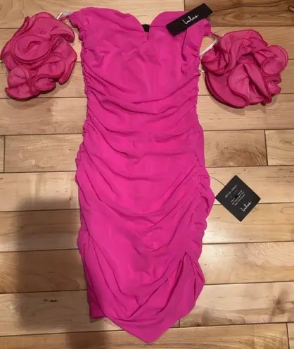 LULU’S UPSCALE MUSE HOT PINK MESH RUCHED OFF
