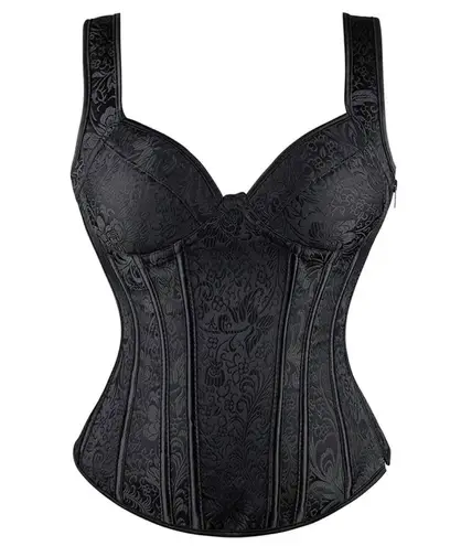 Strap corset with cups jacquard corset bustier tank top lace corset t shirt tee Black Size M