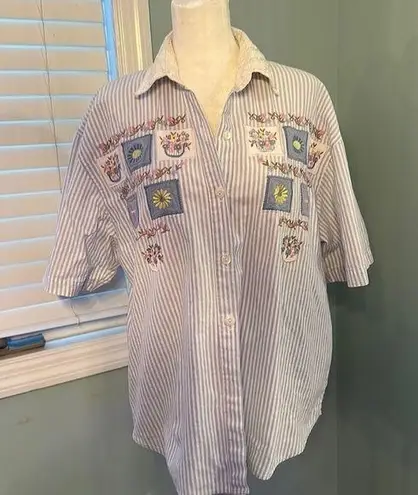 Jane Ashley Vintage BleuWhite Embroidered Shirt Eyelet Lace Collar cotton large